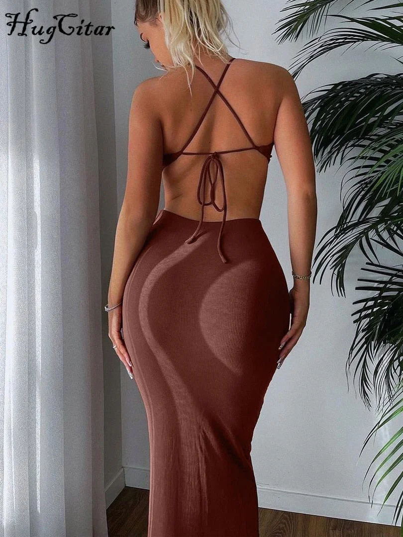 Hugcitar Ribbed Halter Hollow Out Backless Skinny Maxi Dress 2022 Bodycon Sexy Streetwear Evening Party Club Elegant Clothing