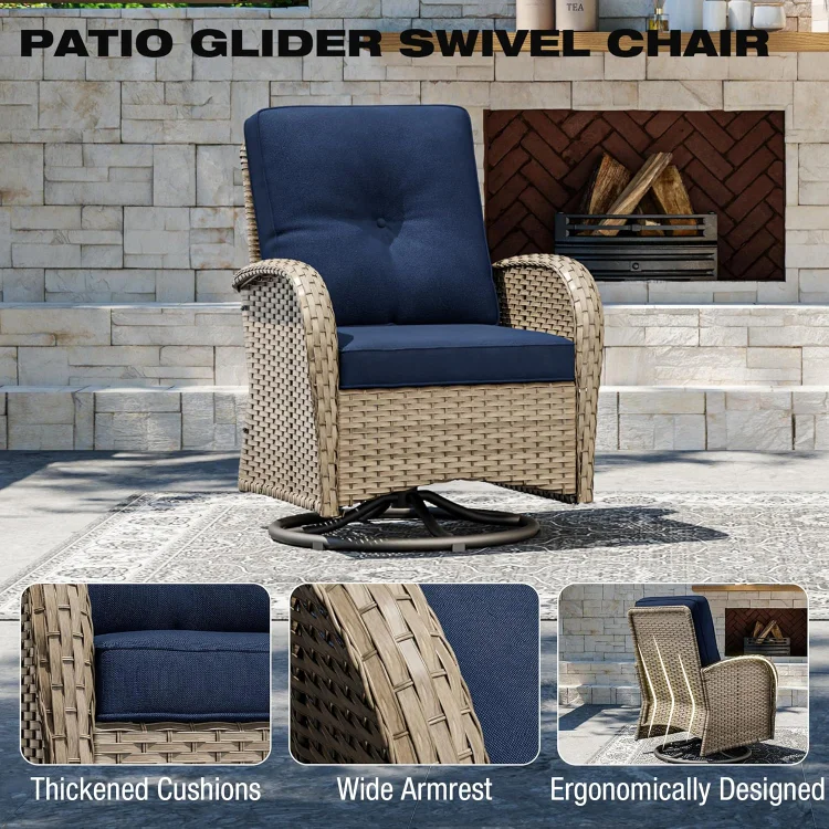Outdoor Swivel Rocker Chairs, 6 Piece Wicker Patio Set with Thick Cushion and Side Table, Rattan Patio Swivel Rocking Chairs for Porch, Deck Use