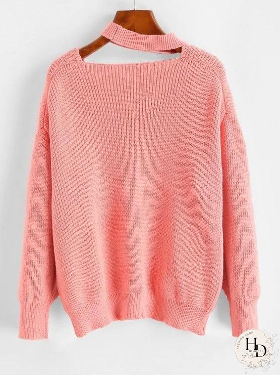 Drop Shoulder Choker Pointelle Knit Sweater for Women