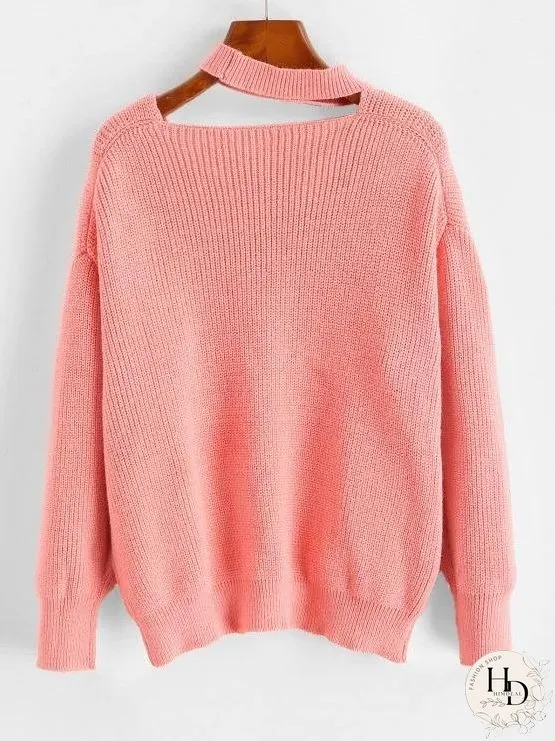 Drop Shoulder Choker Pointelle Knit Sweater for Women