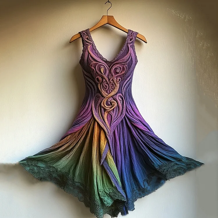 VChics Women's Norse Mythology Celtic Knot Gradient Linen Mini Dress