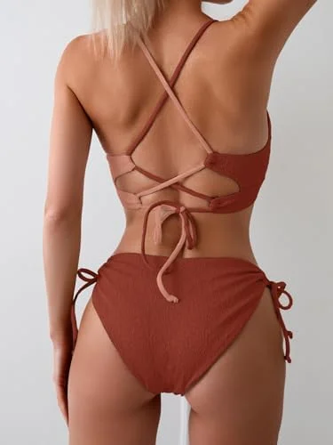 Women's Sexy Bikini Set Color Block Lace Up 2 Piece Bathing Suit Tie Side Swimsuit