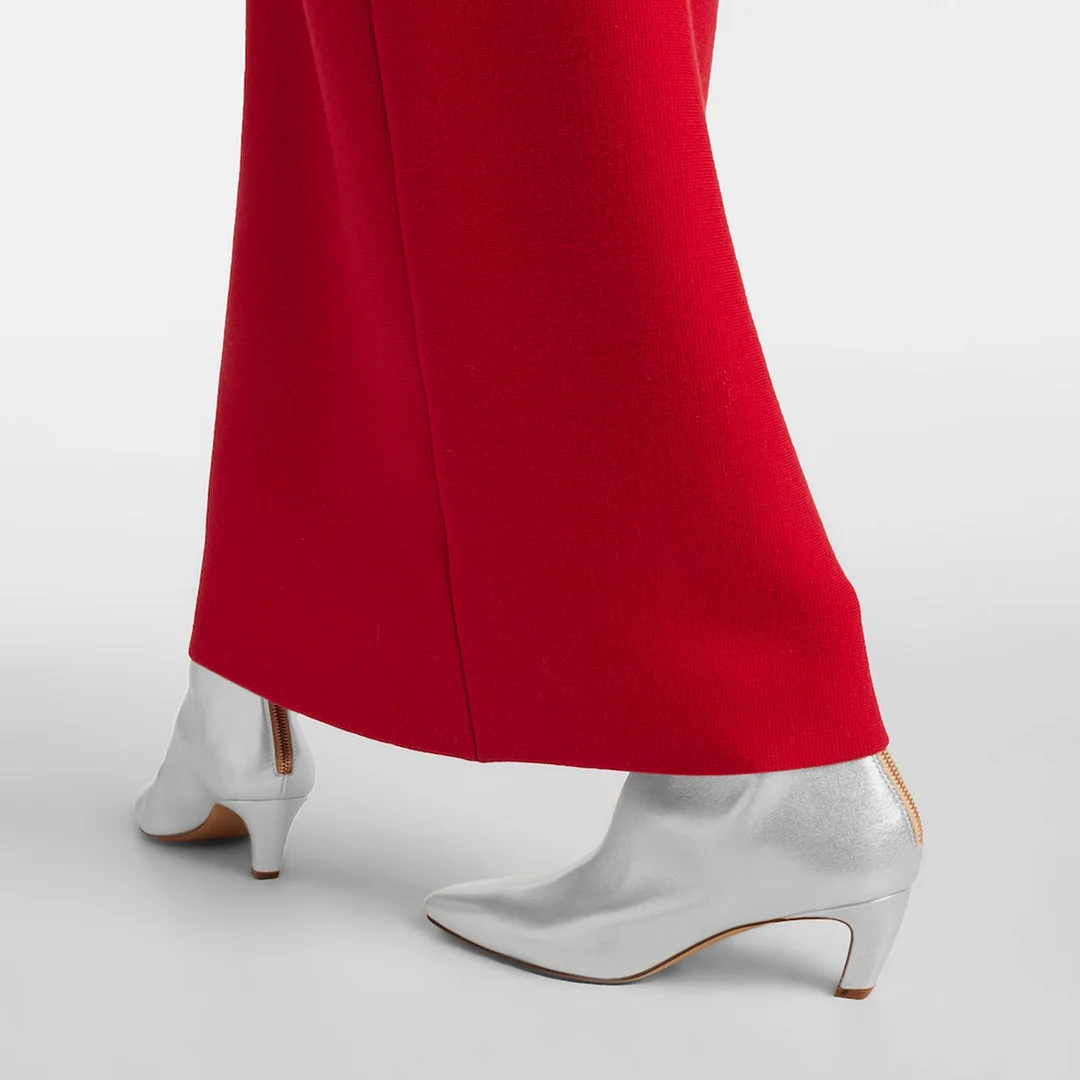 Vegan Leather Pointed Toe Back-Zip Kitten Heel Ankle Boots in Silver