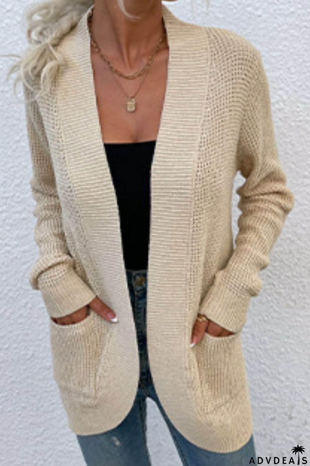 Open Front Rib-Knit Cardigan with Pockets