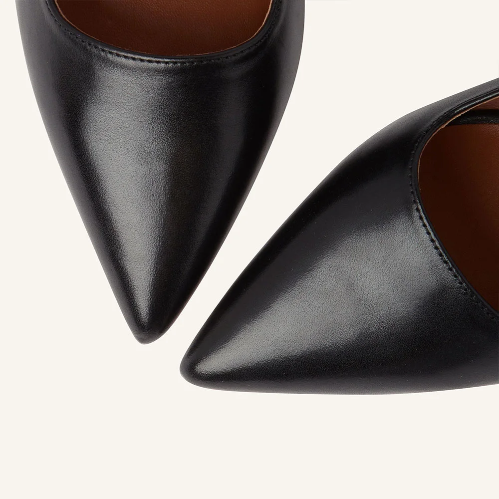 Black Vegan Leather Kitten Heel Pointed Toe Slingback Shoes
