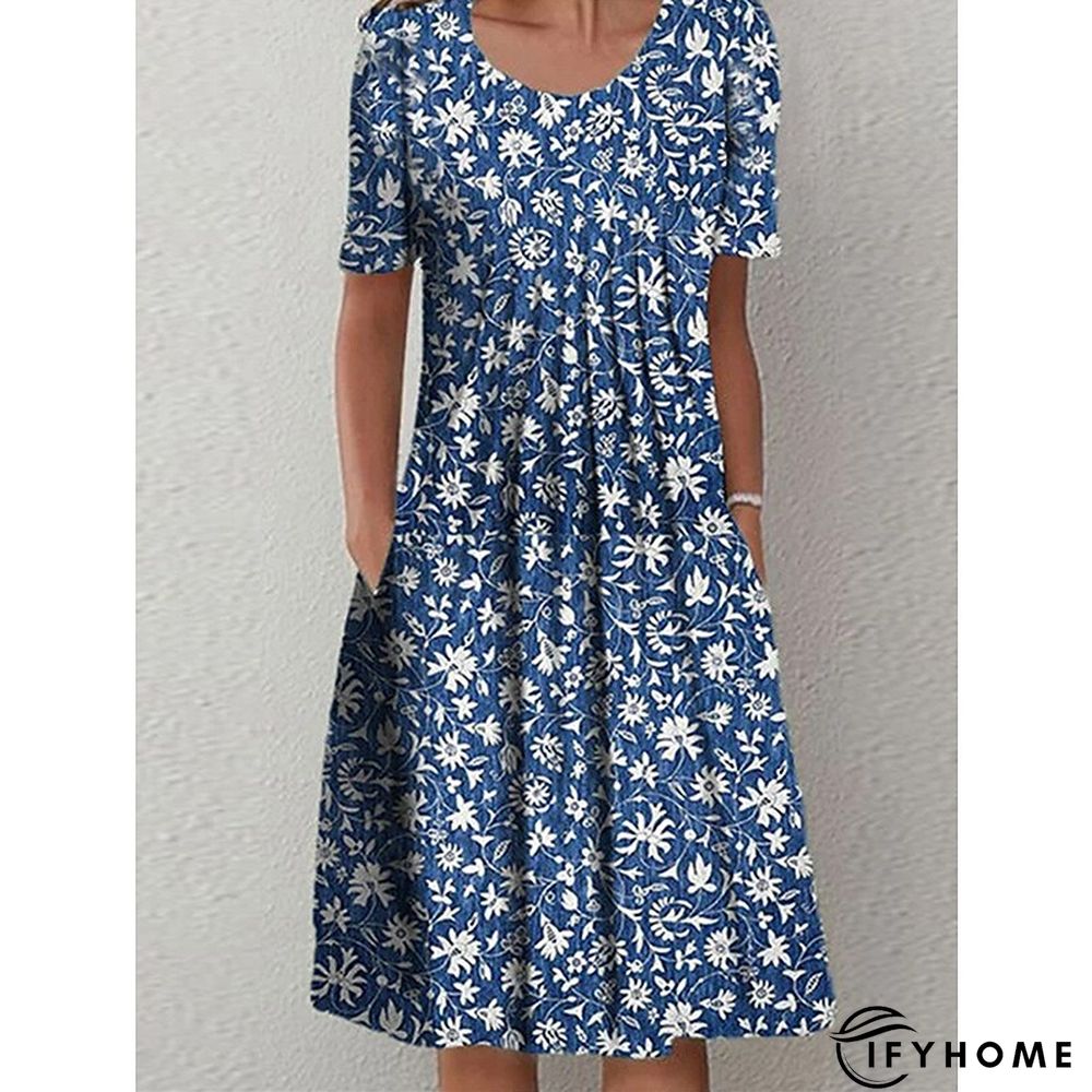 Women's Casual Dress Floral Dress Print Dress Floral Pocket Print Crew Neck Midi Dress Active Fashion Outdoor Home Short Sleeve Loose Fit Blue Dark Blue Spring Summer S M L XL XXL | IFYHOME