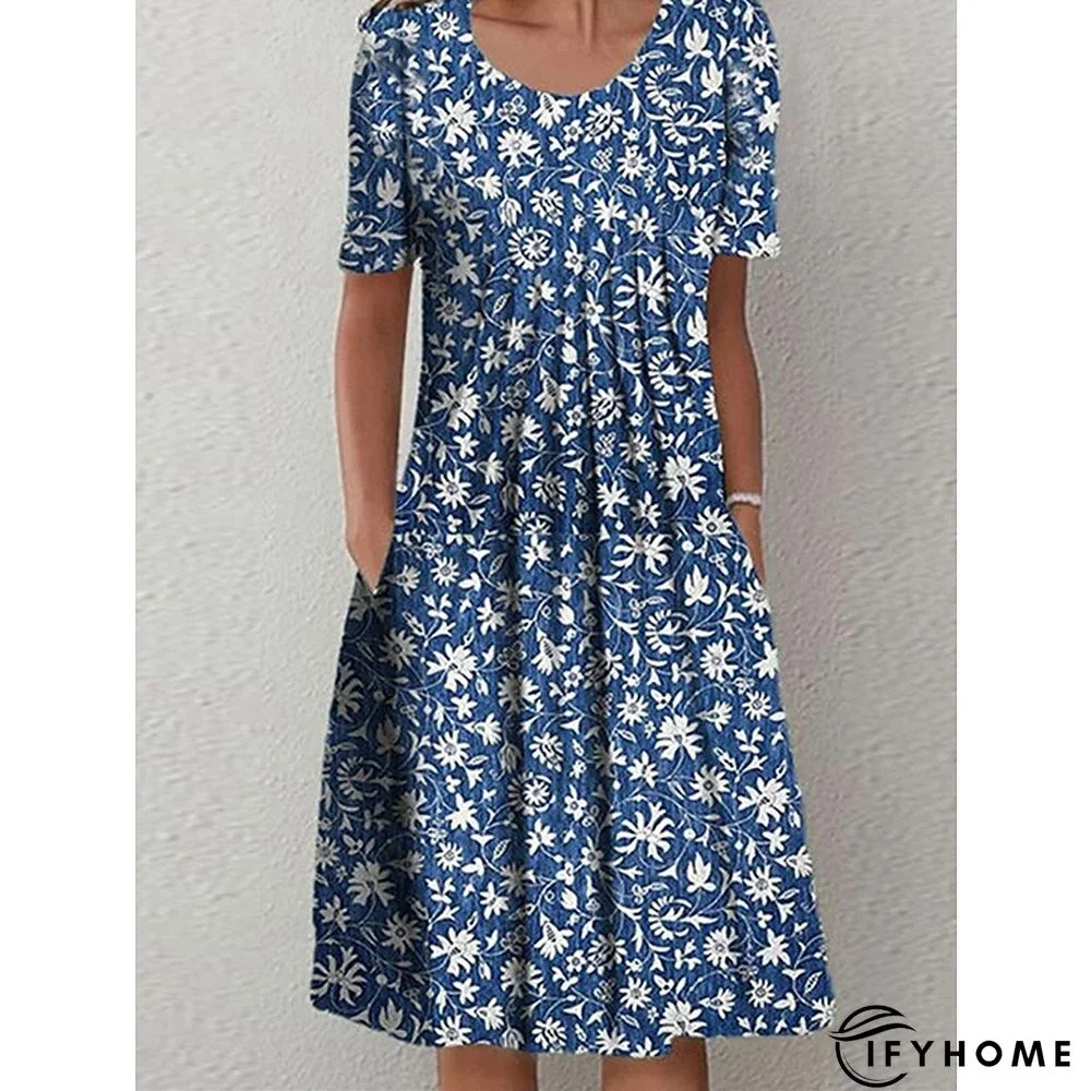 Women's Casual Dress Floral Dress Print Dress Floral Pocket Print Crew Neck Midi Dress Active Fashion Outdoor Home Short Sleeve Loose Fit Blue Dark Blue Spring Summer S M L XL XXL | IFYHOME