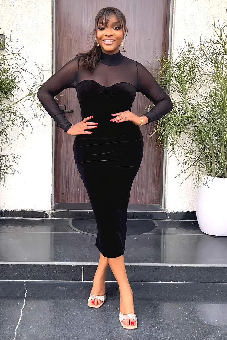 Mesh Velvet Patchwork Long Sleeve Bodycon Slit Evening Party Midi Dresses