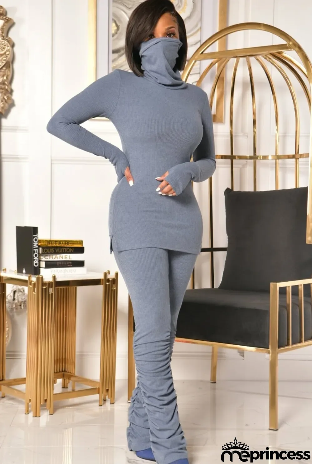 Winter Casual Solid Dark Gray High Neck Long Sleeve Slim Top and Ruched Pants Set Wholesale 2 Piece Sets