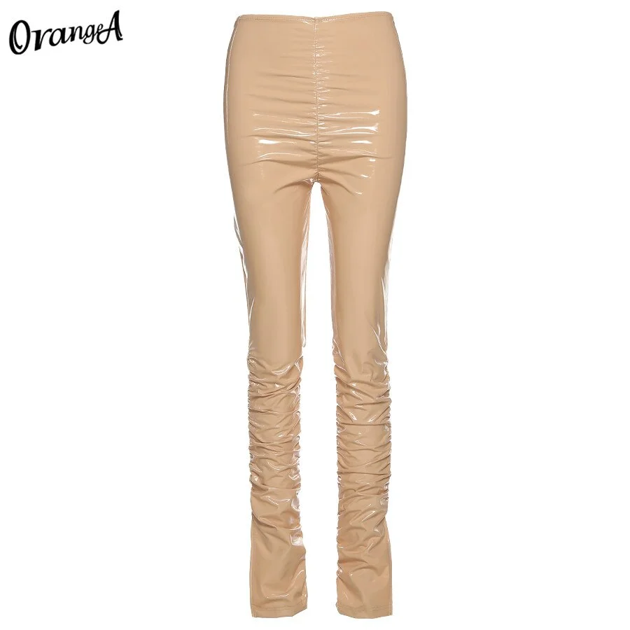 OrangeA Women PU Summer Stacked Faux Leather Pants High Waist Ruched Side Split Trouser Sexy Fashion Hot Street Party Clubwear