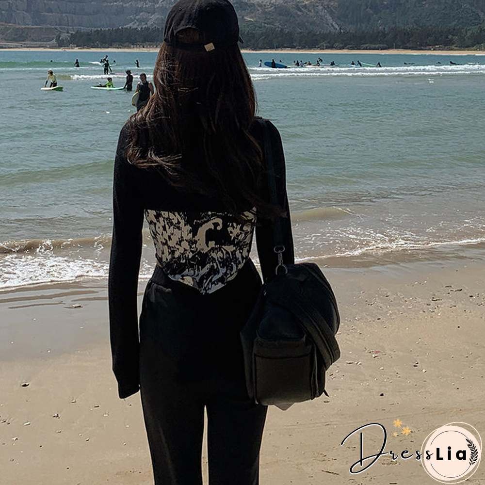 T-Shirts Women Slim Trendy Chic Summer Long Sleeve Ulzzang High Street Lady Fake Two Piece Mujer Camisetas Ins Inside Crops Tops