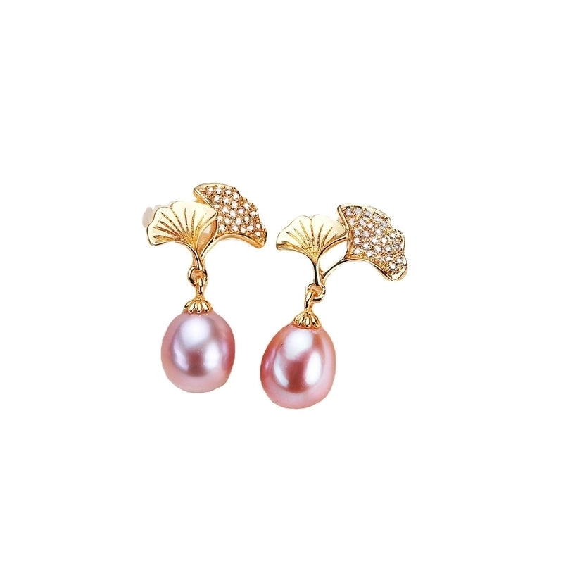 1 Pair Freshwater Pearl Copper Zircon Ginkgo Leaf Drop Earrings