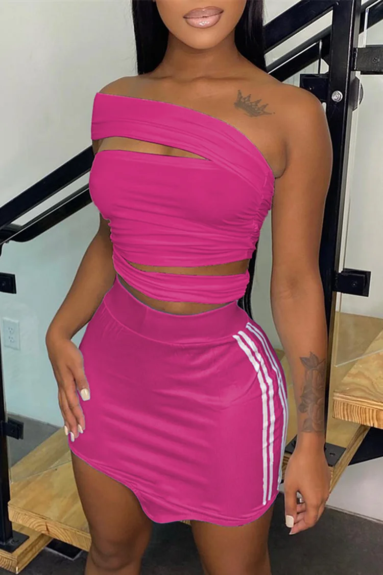 Rose Red Fashion Sexy Solid Split Joint Backless Strapless Sleeveless Two Pieces