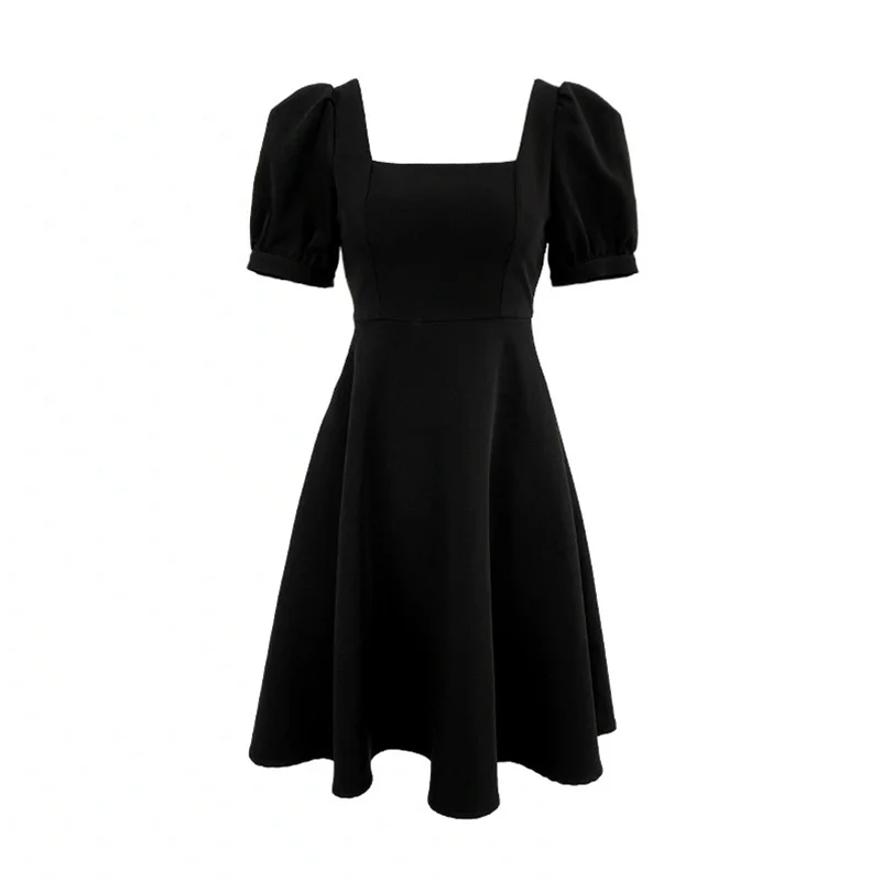 Uveng Uveng Summer New Retro Hepburn Wind Little Black Dress Fat Sister Waist Show Thin Square Collar Dress Women's Wear