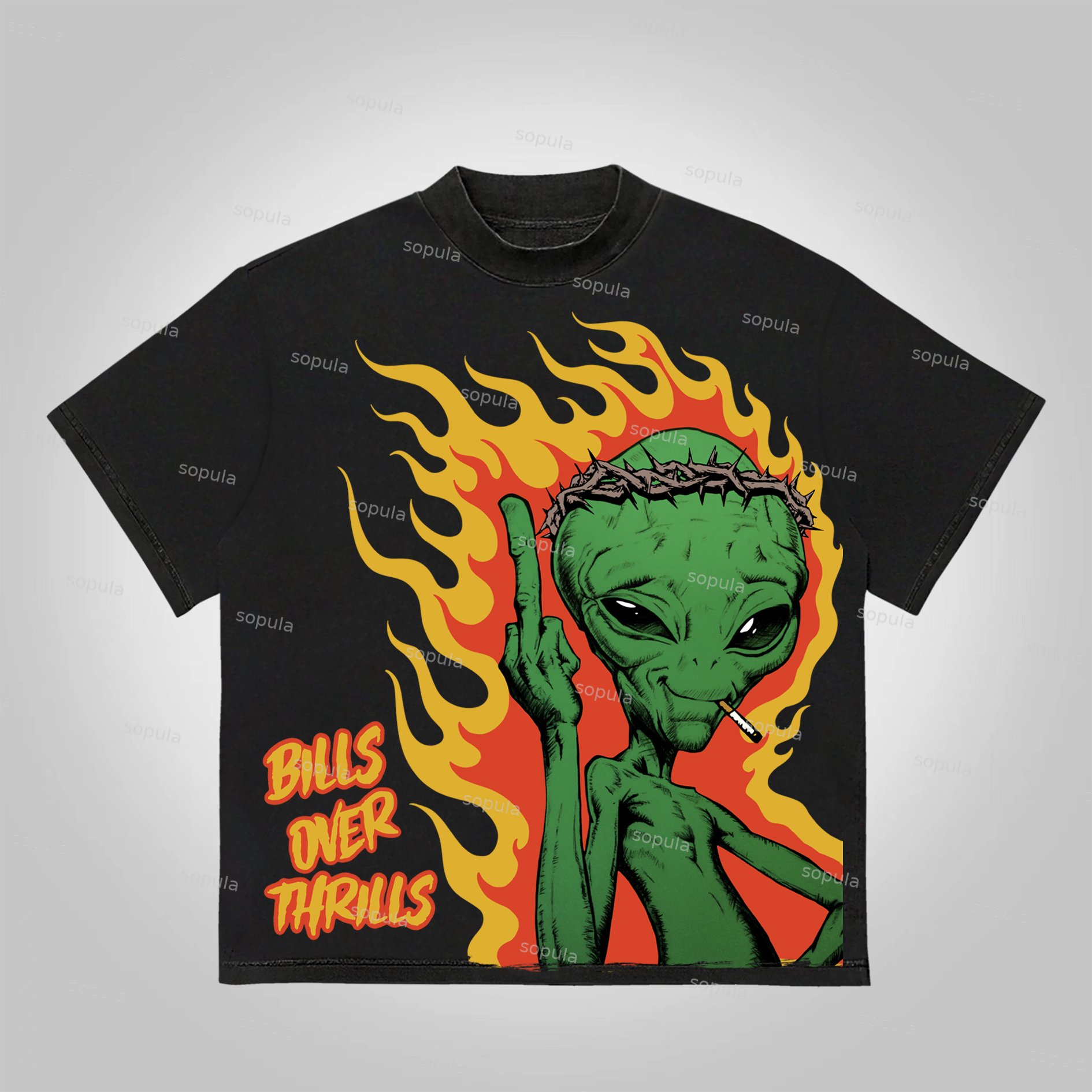 Sopula Flame Alien Bills Over Thrills Printed Graphics Cotton T-Shirt - SOPULA
