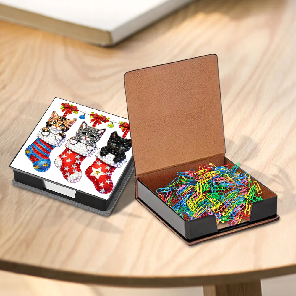 5D DIY PU Diamond Art Note Box with 160 Sheets Paper Mosaic Kit (Kitty Socks)
