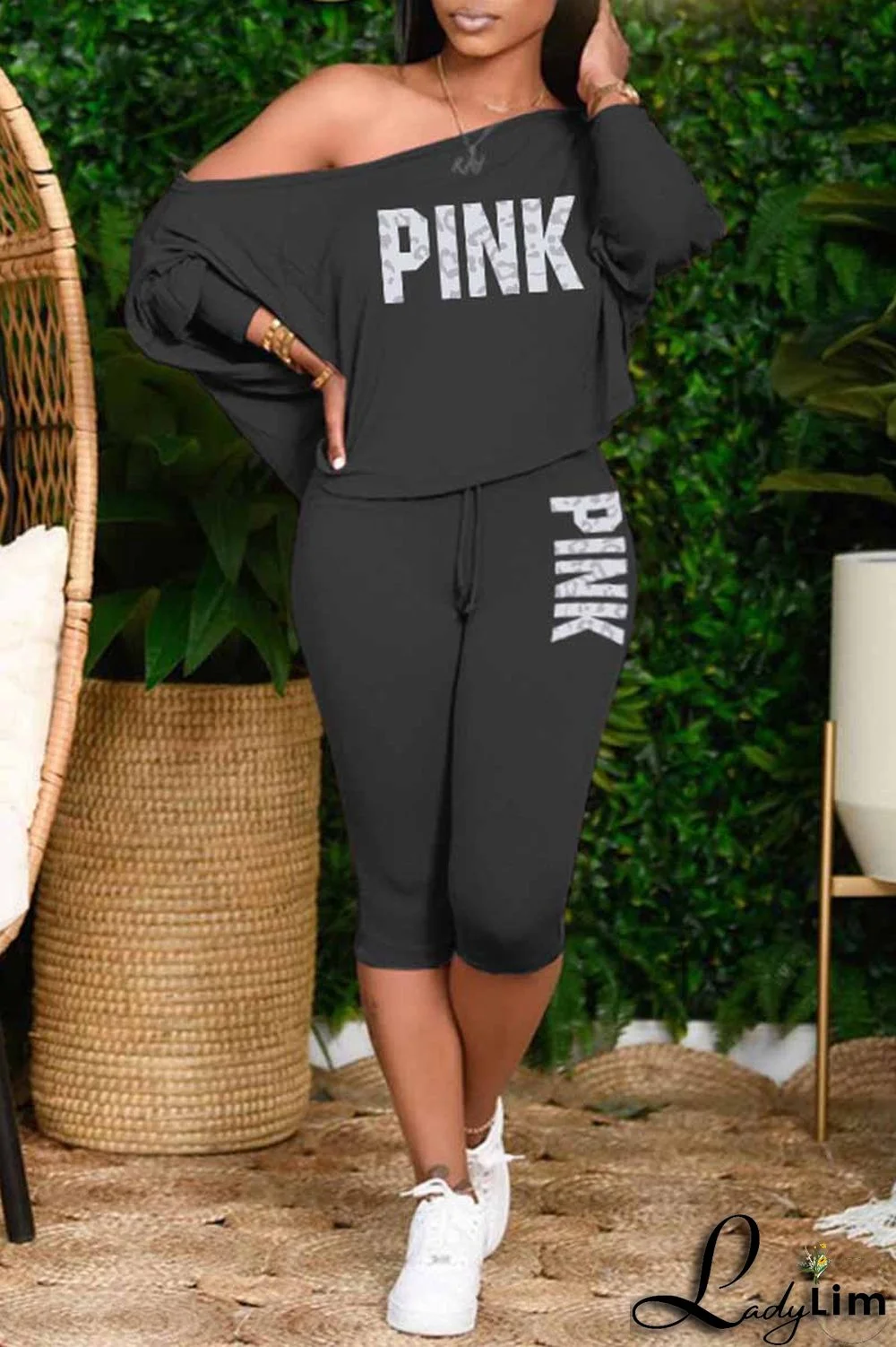 Pink Fashion Casual Letter Print Basic Oblique Collar Long Sleeve Two Pieces