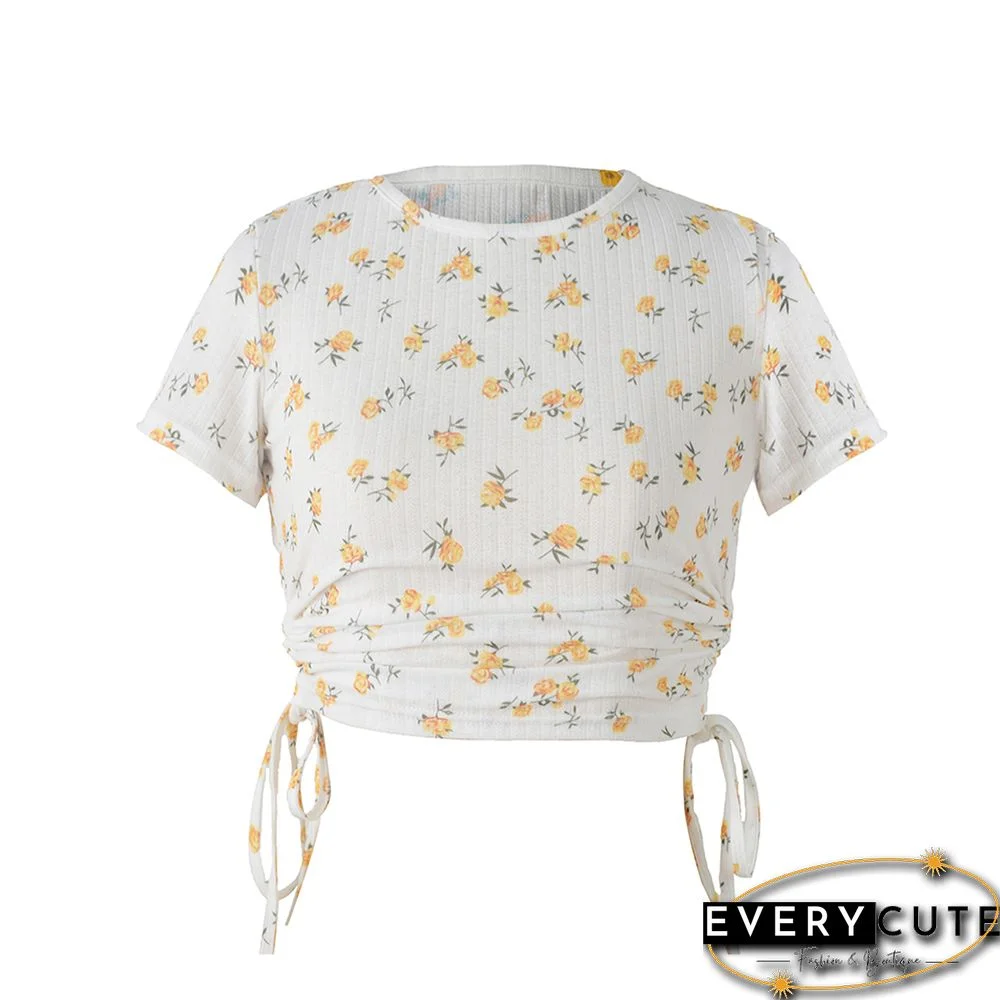 Light Yellow Sides Drawstring Short Sleeve Crop Top
