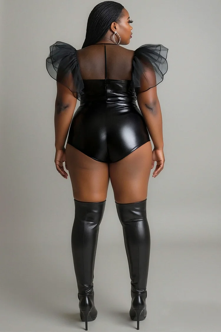Xpluswear Design Plus Size Daily Black Round Neck Flutter Sleeve See Through Ruffle Tulle PU Leather Bodysuits [Pre-Order]