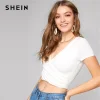 SHEIN Women White Sexy Deep V Neck Slim Fitting Crop Tee 2019 Summer Glamorous Solid Slim Fit Ruched Hem Women Tshirt Tops