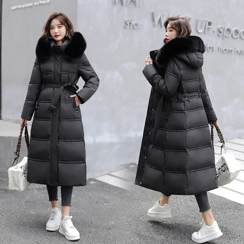 2021 Winter Jackets New Loose Big Fur Collar Mid-length Down Padded Jacket Women's Parka Long Over The Knee Waist Padded Coats