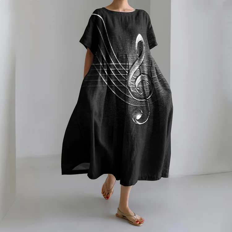 Comstylish Musical Note Print Short Sleeved Midi Dress
