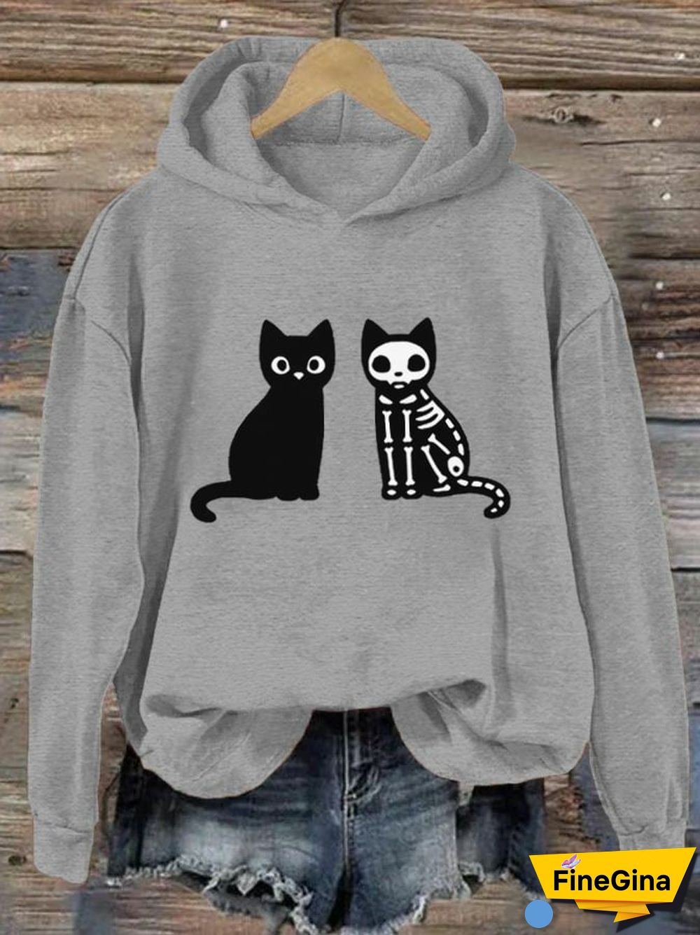 Women's Black Cat Halloween Print Hoodie