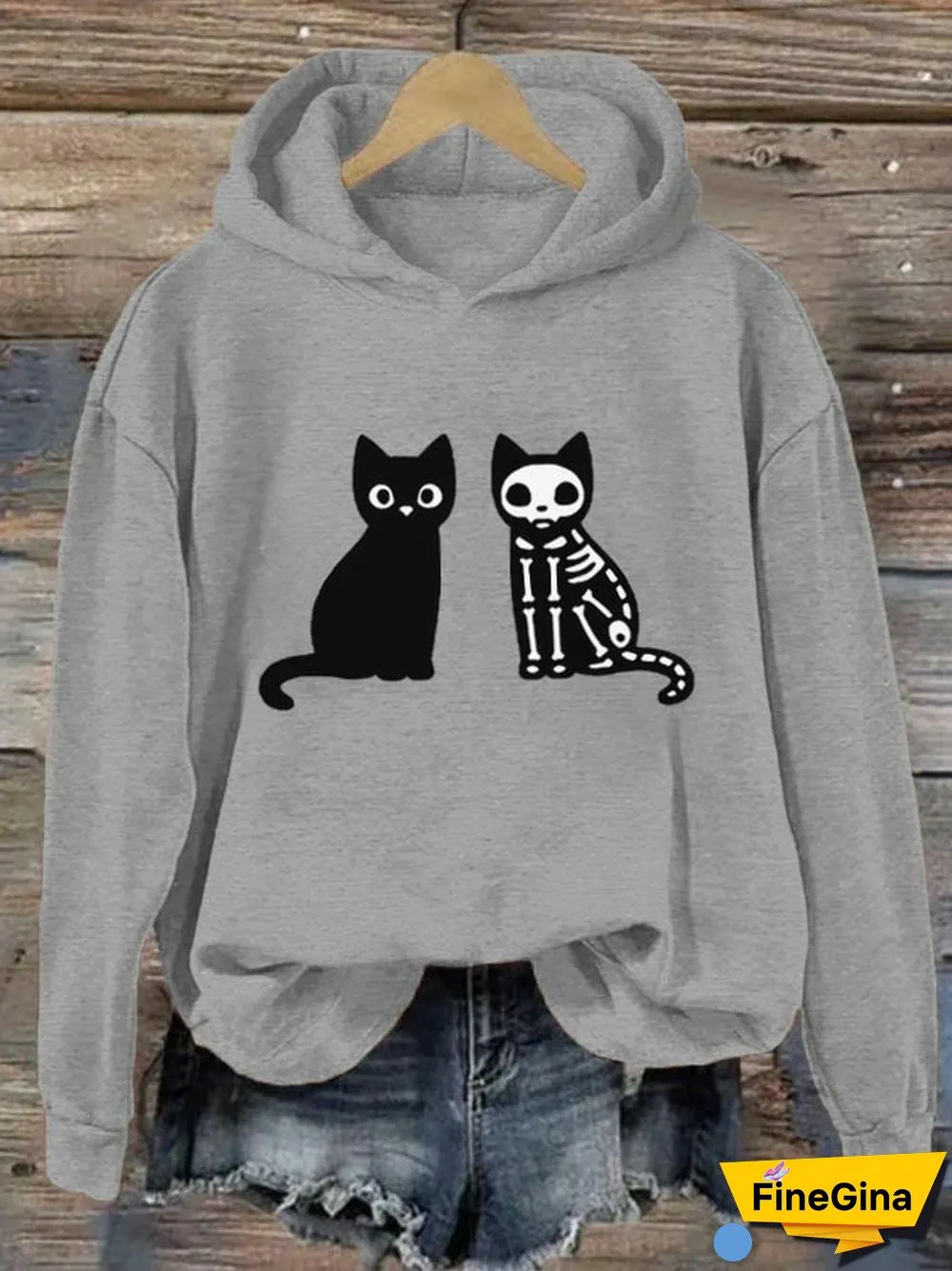 Women's Black Cat Halloween Print Hoodie