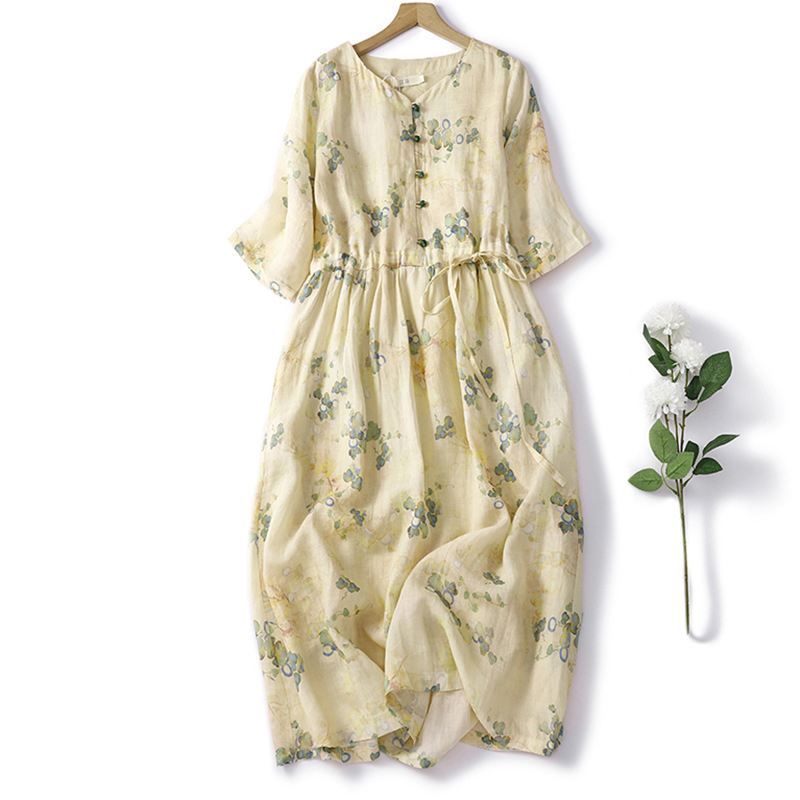 Floral Print Round Neck Loose Midi Dress wearshes