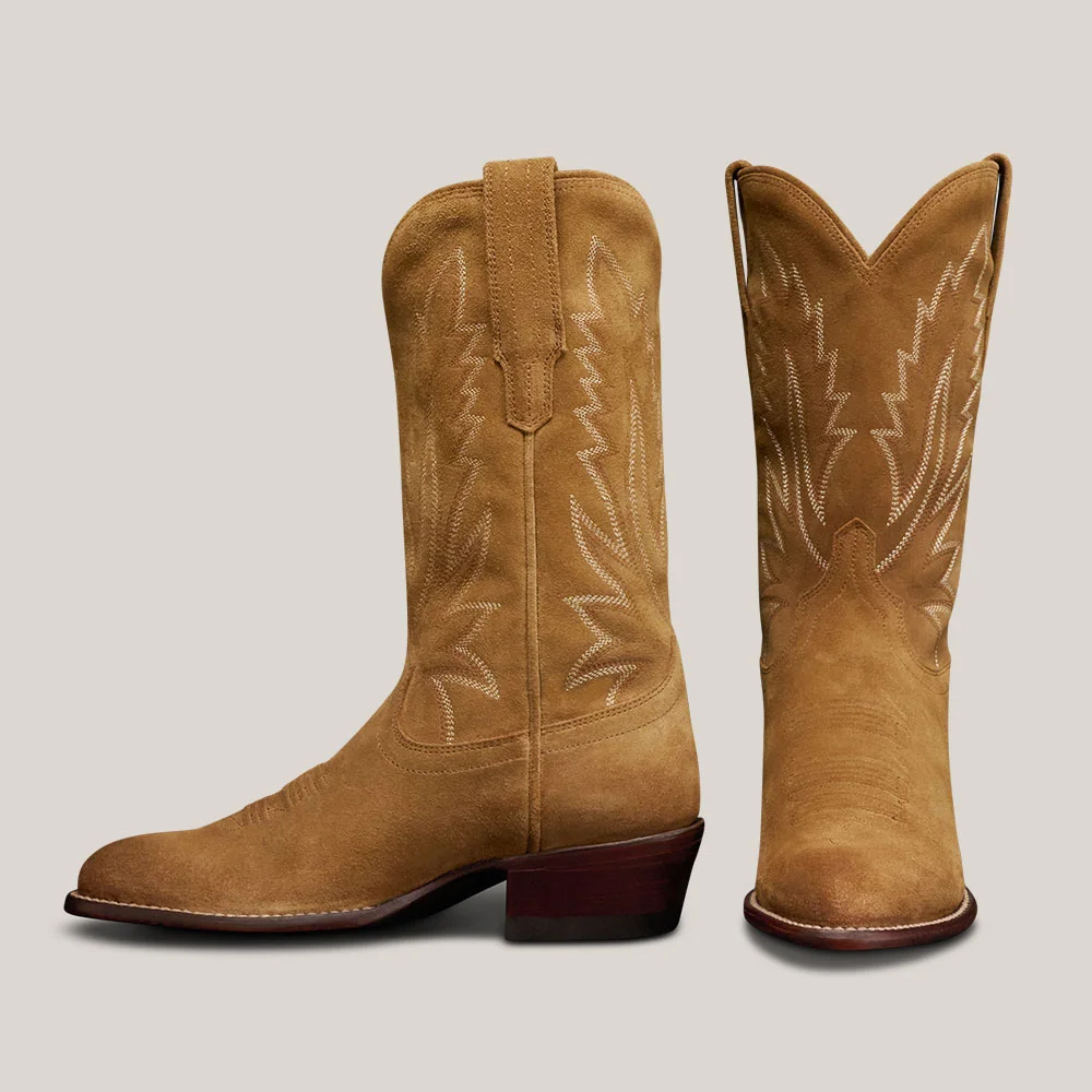 Vegan Suede Chunky Low Heel Mid Calf Stitching Cowgirl Boots in Tan