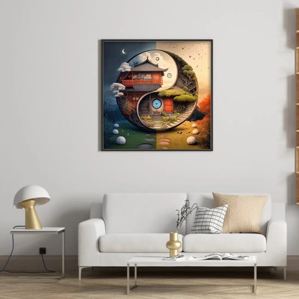 DIY Stamped Cross Stitch 11CT Full Embroidery 45*45cm - Tai Chi Diagram-Landscape Cabin