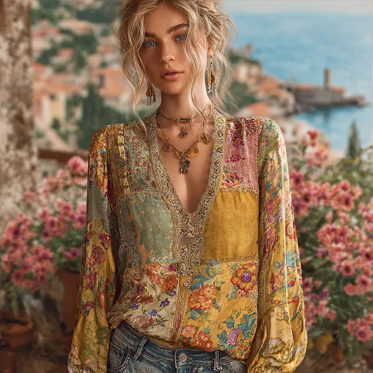 Boh&egrave;me Patchwork Floral Retro Linen Top