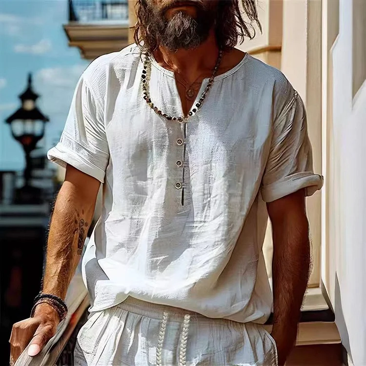 Men's Retro Casual Solid Color Cotton and Linen Short Sleeve Shirt 35875595TO