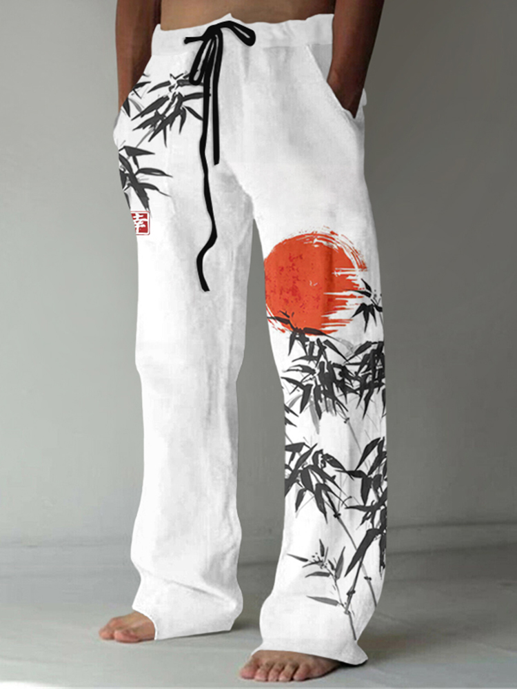 Comstylish Japanese Bamboo Forest And Red Sun Art Linen Blend Casual Pants