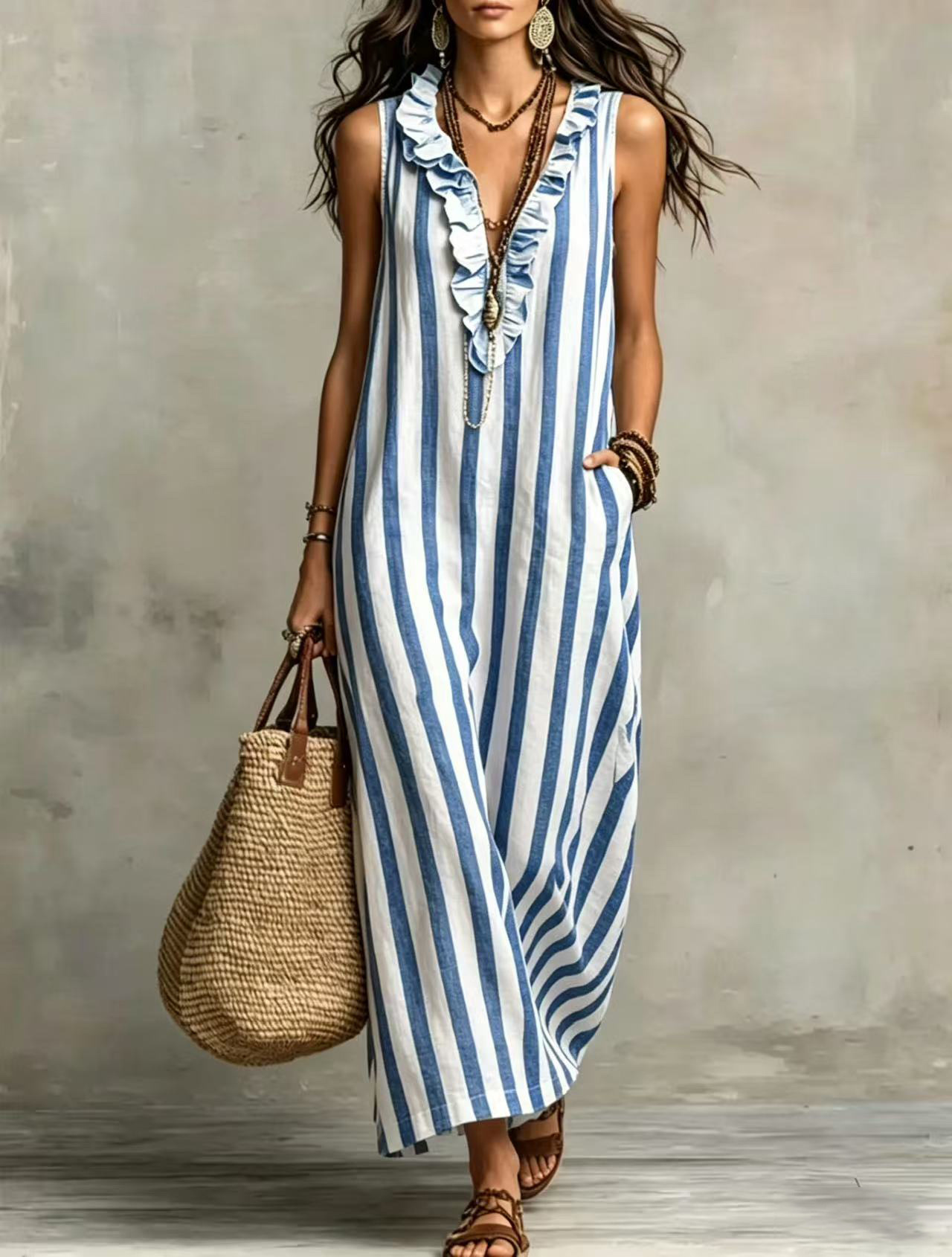 Bohemian-Style Linen Striped Sleeveless Maxi Dress