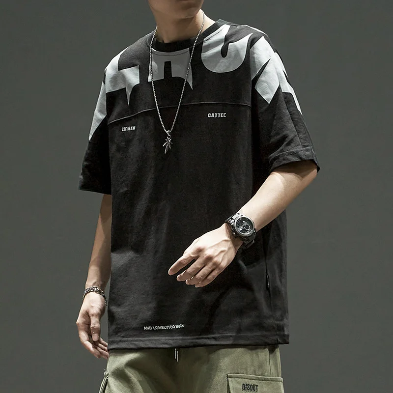 Japanese Style fashion brand short-sleeved T-shirt male street hip-hop loose letter printing five-point sleeve top Techwear Shop