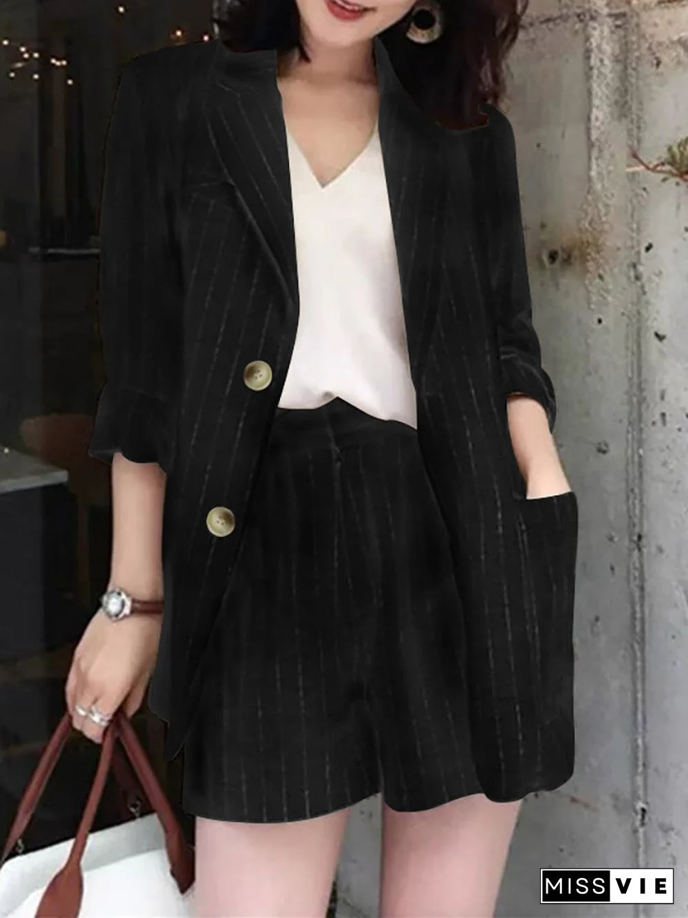 Stripe Print Button Front Pocket Long Sleeve Two Pieces Suit