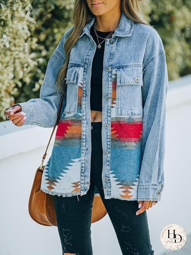 Coats Lapel Pocket Denim Stitching Woolen Retro Coat for Women