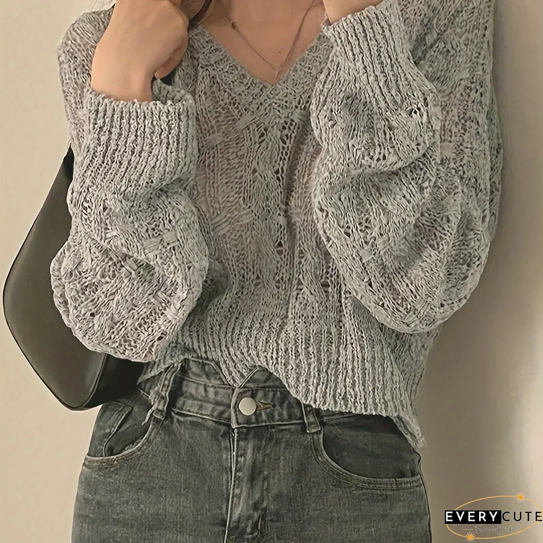 Solid V Neck Pullover Sweater, Casual Long Sleeve Thin Knit Sweater, Women's Clothing