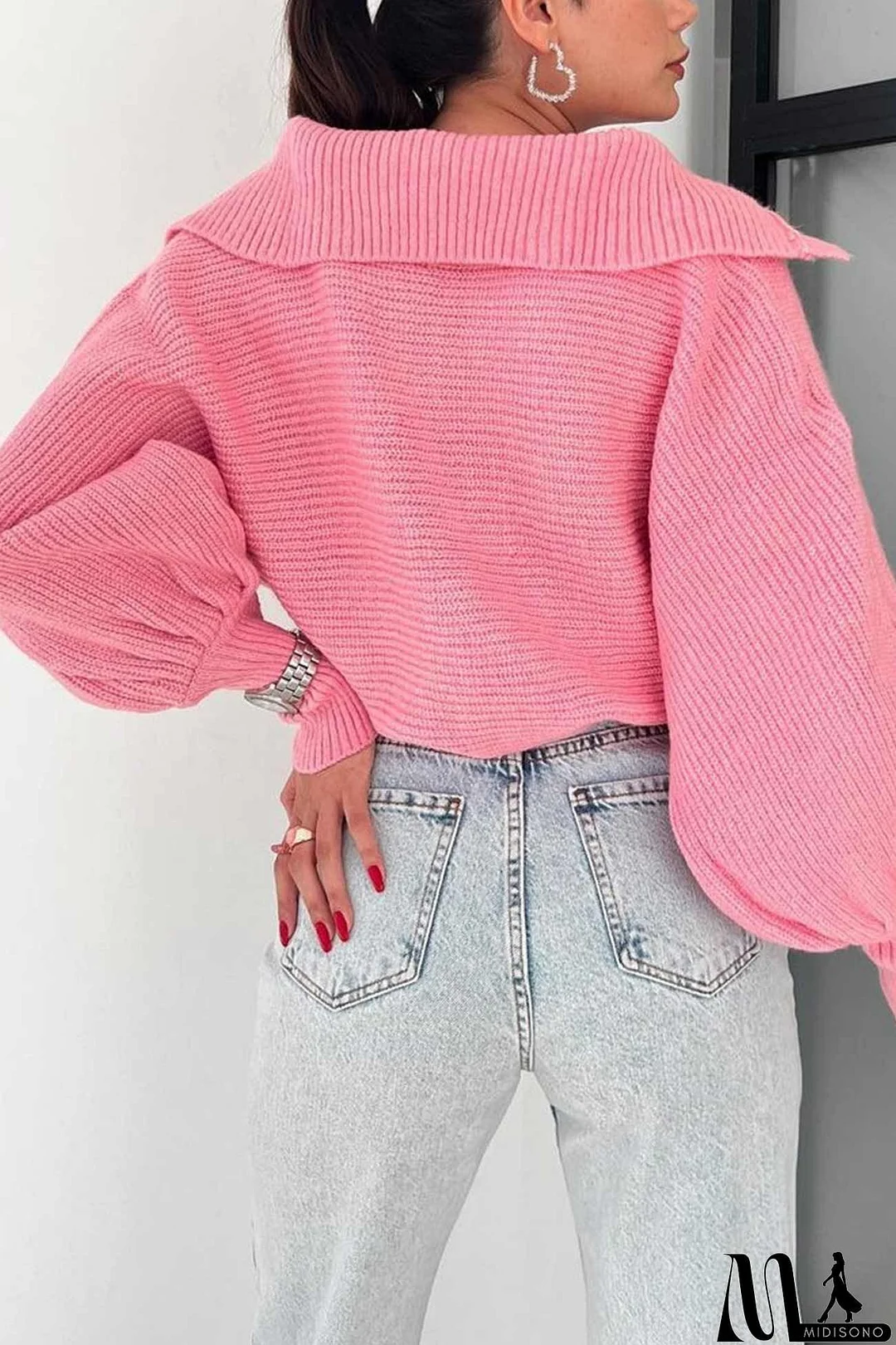MidiSono - Lapel V Neck Puff Sleeve Sweater