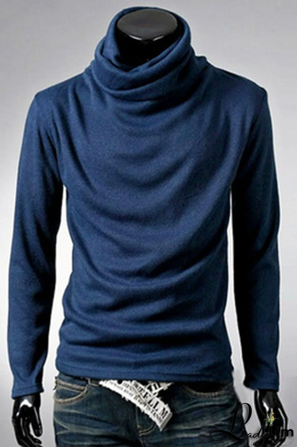 Blue Casual Solid Split Joint Turtleneck Tops