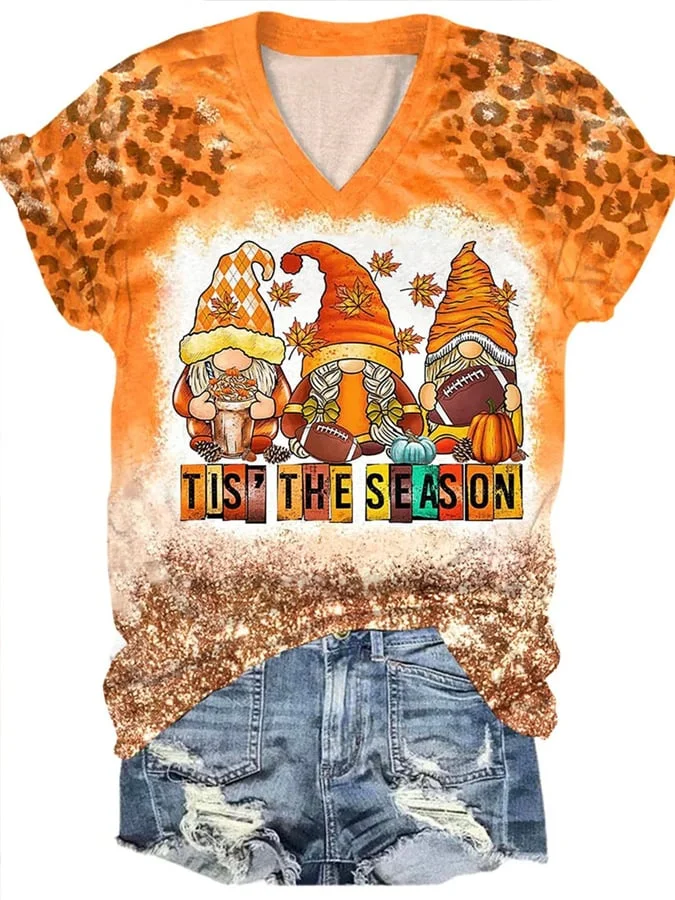 Women'S Tis The Season Gnomes Football Leopard Print T-Shirt