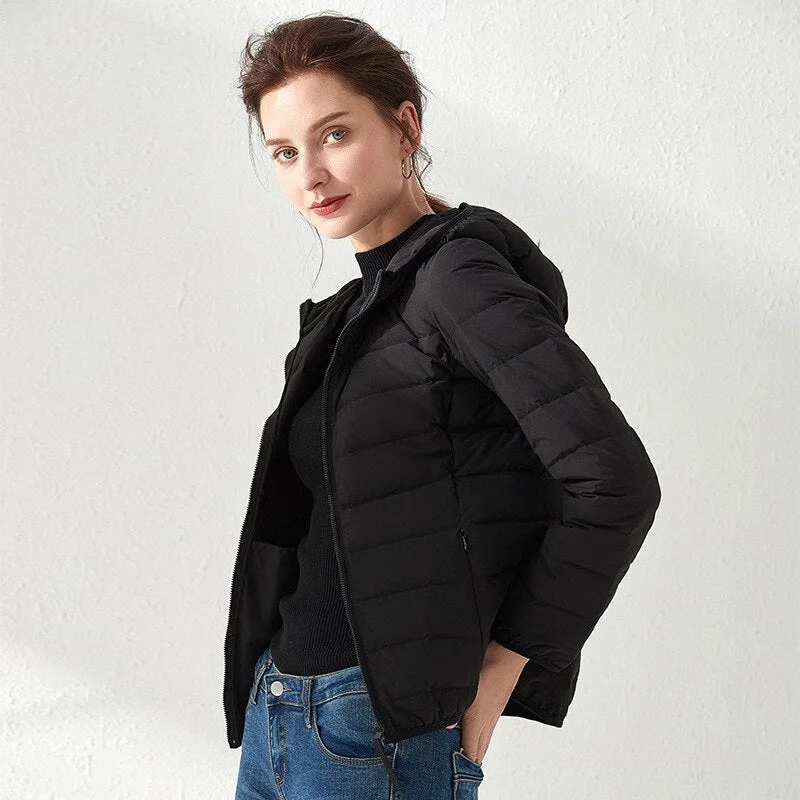 Oocharger Women for Winter Coat 2023 New 90% White Duck Down Fashion Short Hooded Puffer Jacket Female Seamless Ultra Lightweight Parka