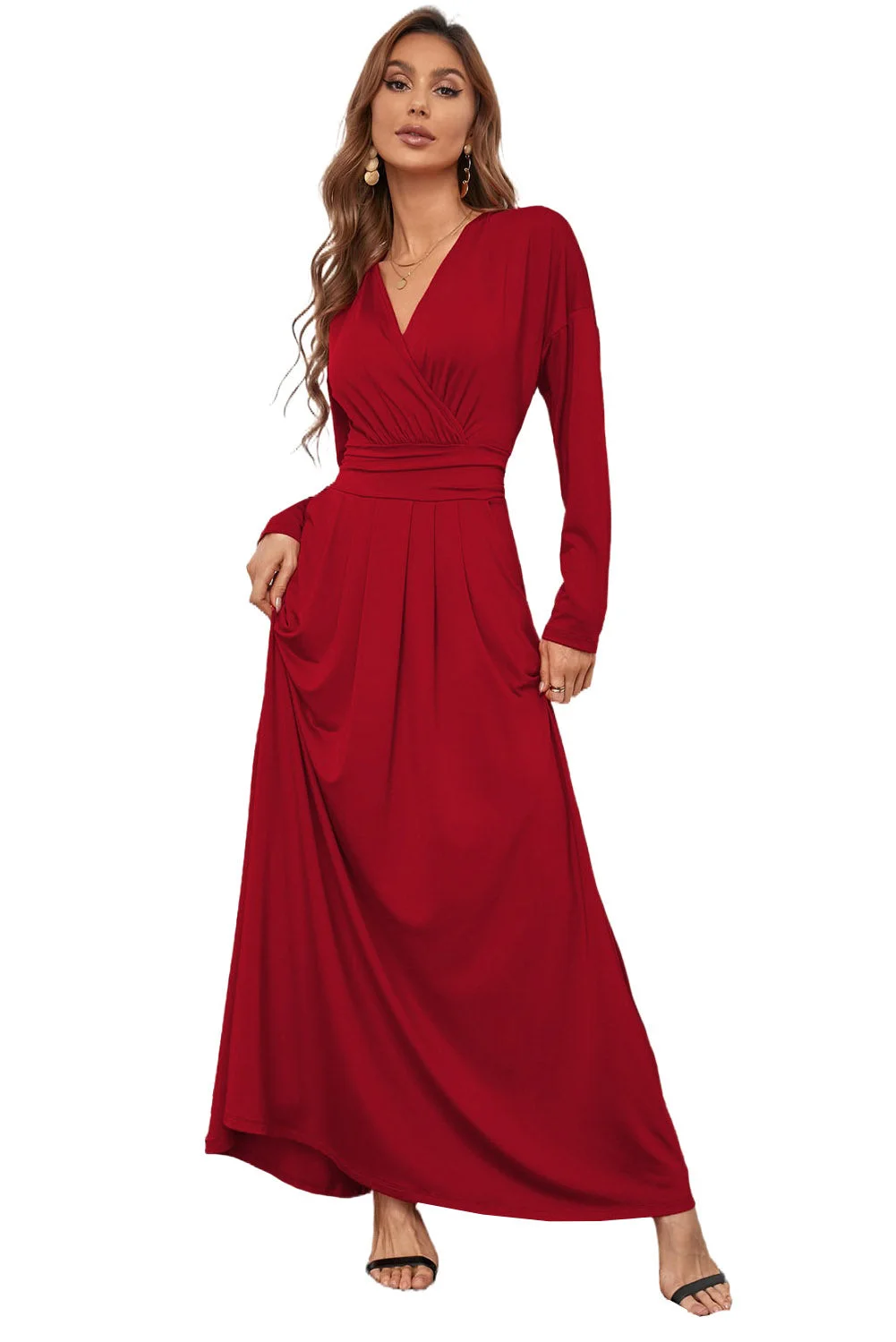 Women Red Wrap V Neck Dolman Sleeve Pleated Maxi Dress