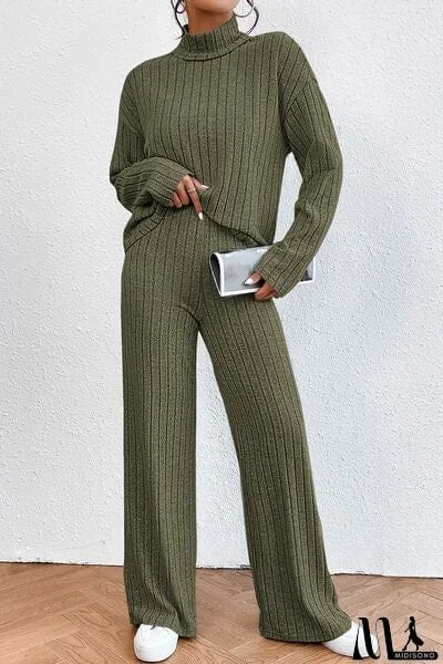 MidiSono - Ribbed Mock Neck Top and Pants Set