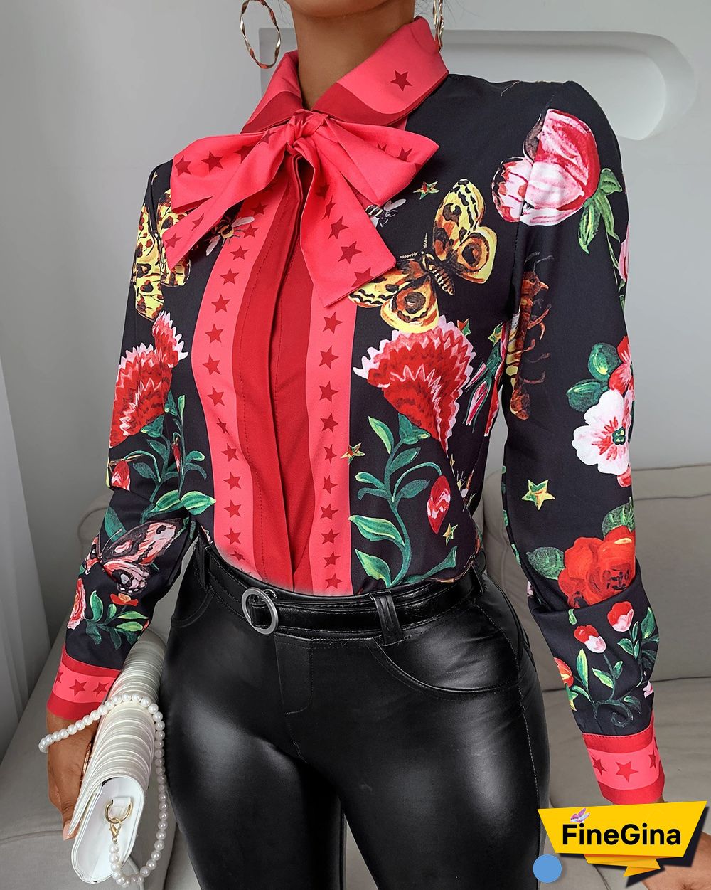 Tie Neck Floral Butterfly Print Long Sleeve Shirt P15964