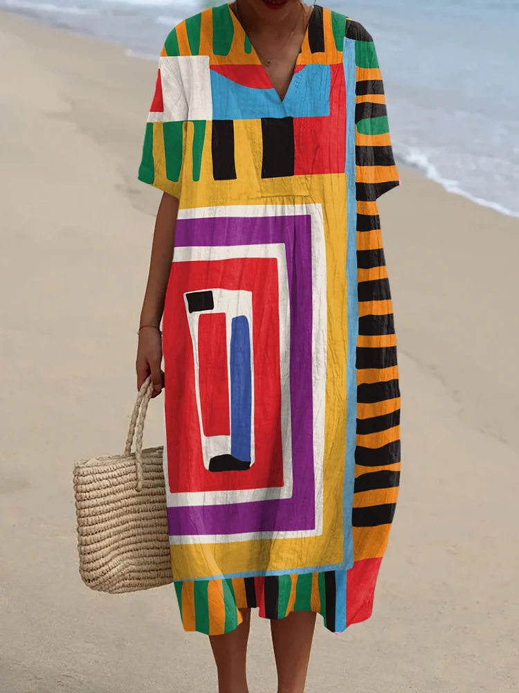 Retro Abstract Art V-Neck Short Sleeve Dress
