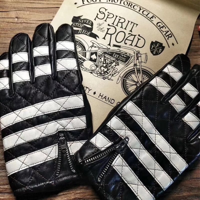 Retro Motorcycle Leather Black And White Striped Riding Gloves