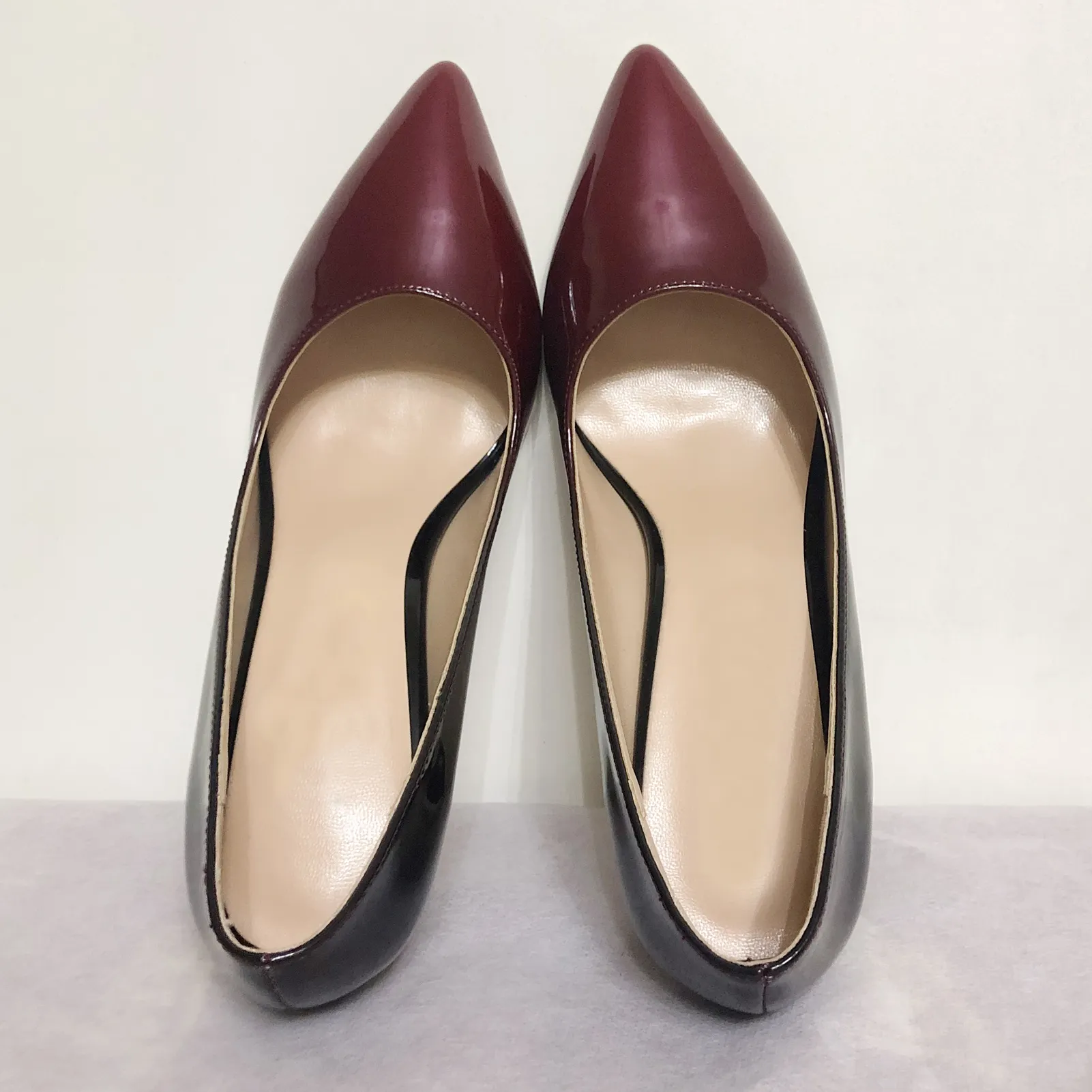 90mm Middle Heels Pointy Toe Pumps Black Wine Gradient Color Patent-vocosishoes