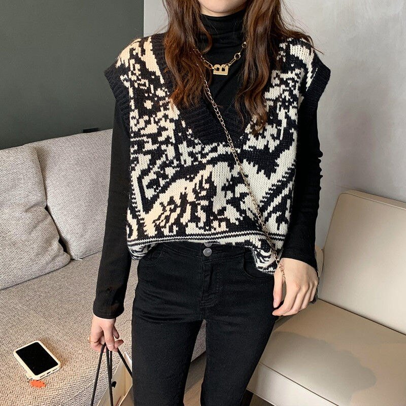 Sweater Vest Women Vintage Top Korean Style Black Loose Printed Streetwear Autumn Harajuku All-match Ins Hot Sale College New